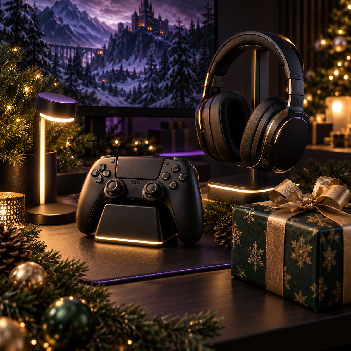Gaming controller, headset and desk lighting arranged as Christmas gifts