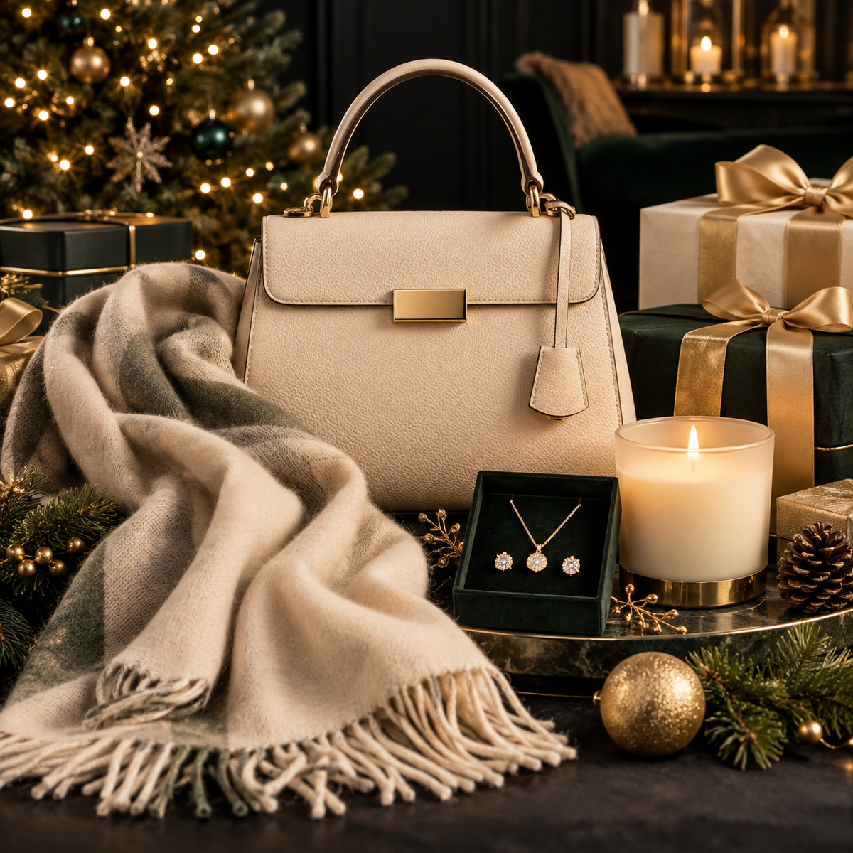 Premium Christmas gifts wrapped in cream, green and gold