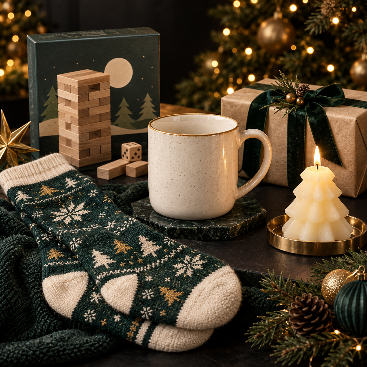 Secret Santa gifts including a mug, socks and small game