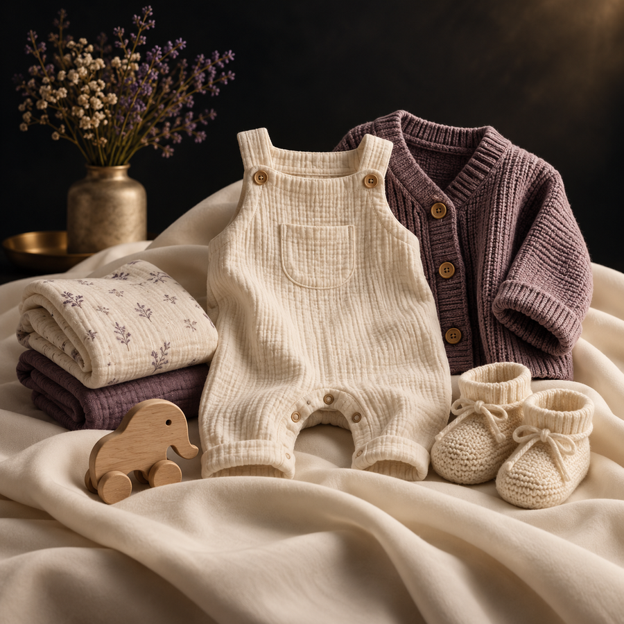 Neutral baby clothing and soft accessories