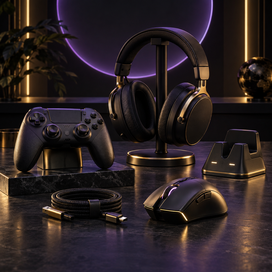 Gaming accessories including controller, headset and charging gear