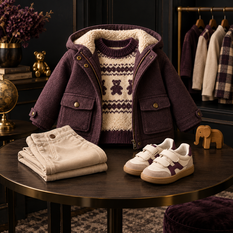 Kids' clothing and shoes in a premium wardrobe setting