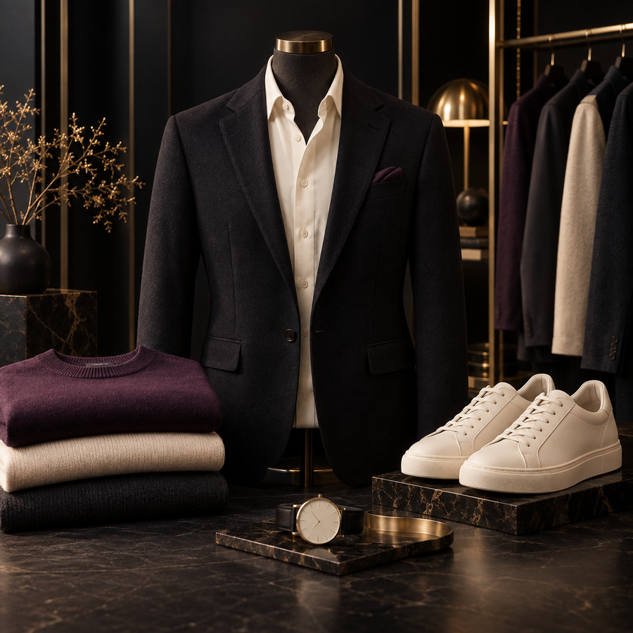 Men's clothing and accessories in a premium boutique setting