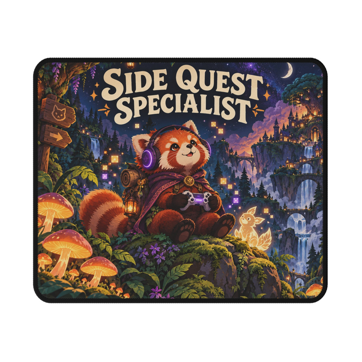 Side Quest Specialist red panda gaming mouse mat with original illustrated design