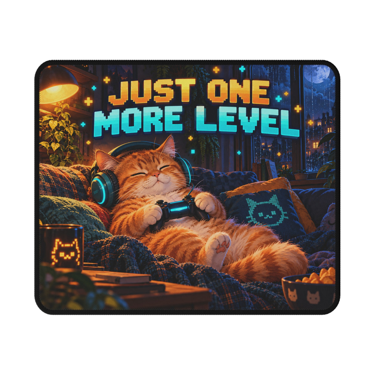 Just One More Level cat gaming mouse mat with original illustrated design