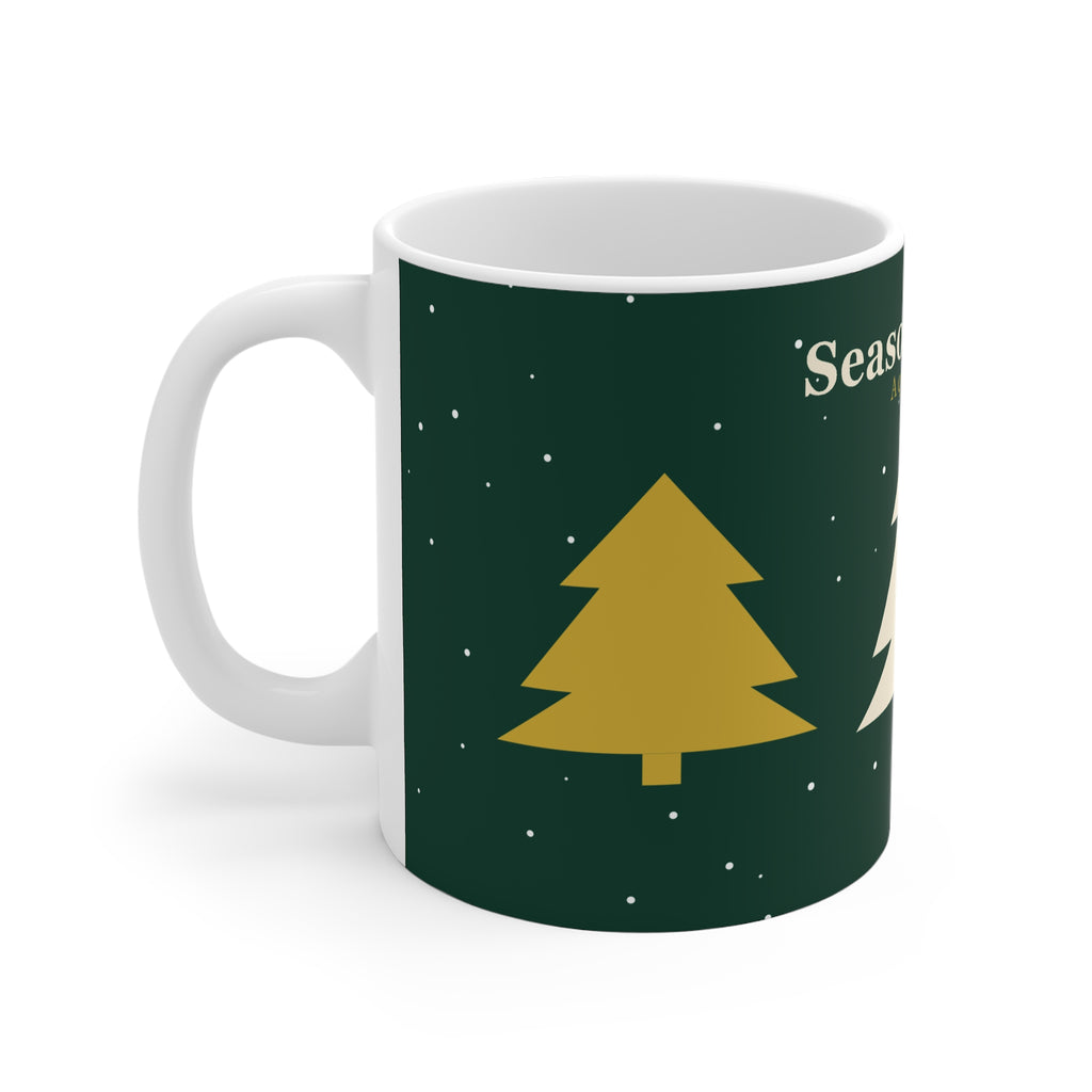 11oz white ceramic Christmas mug with original geometric tree design and Seasonal Finds lettering