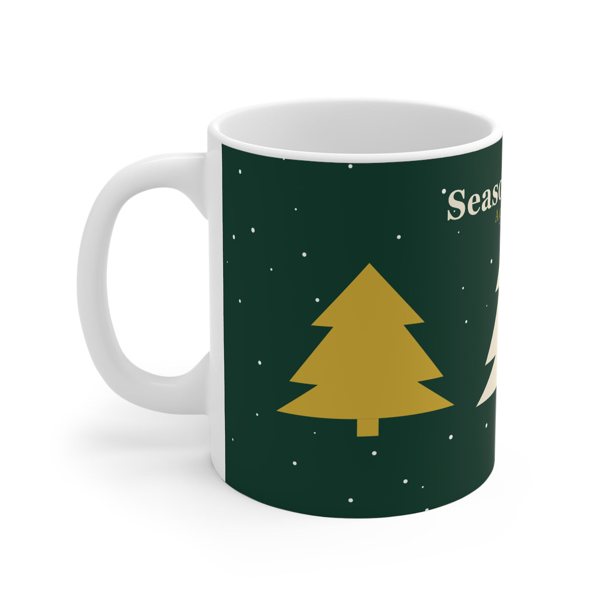 11oz white ceramic Christmas mug with original geometric tree design and Seasonal Finds lettering