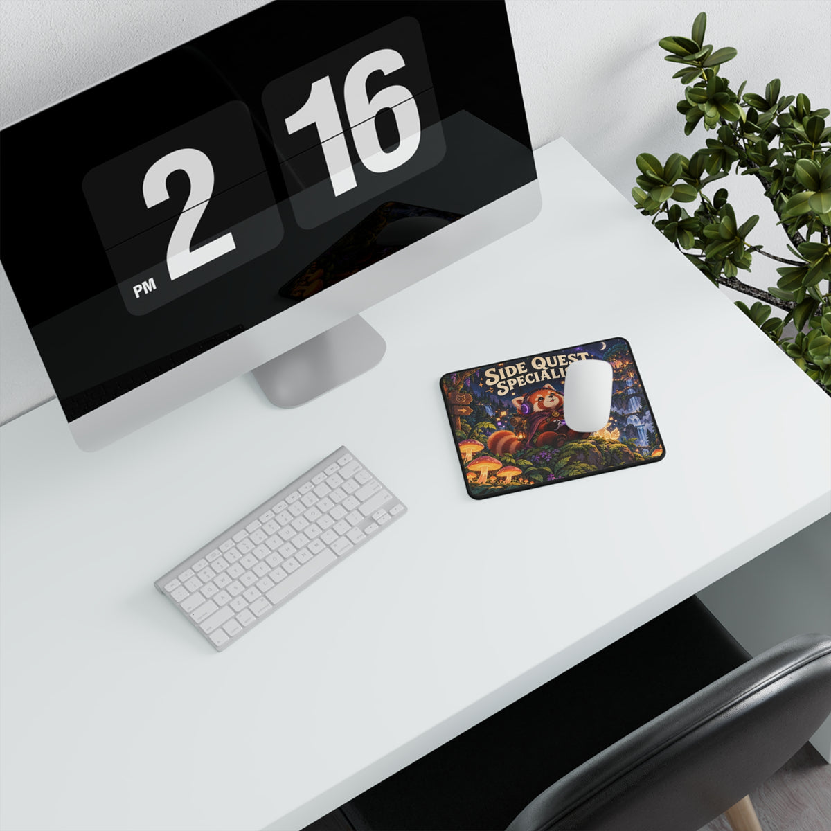 Side Quest Specialist red panda gaming mouse mat shown in a desk setting