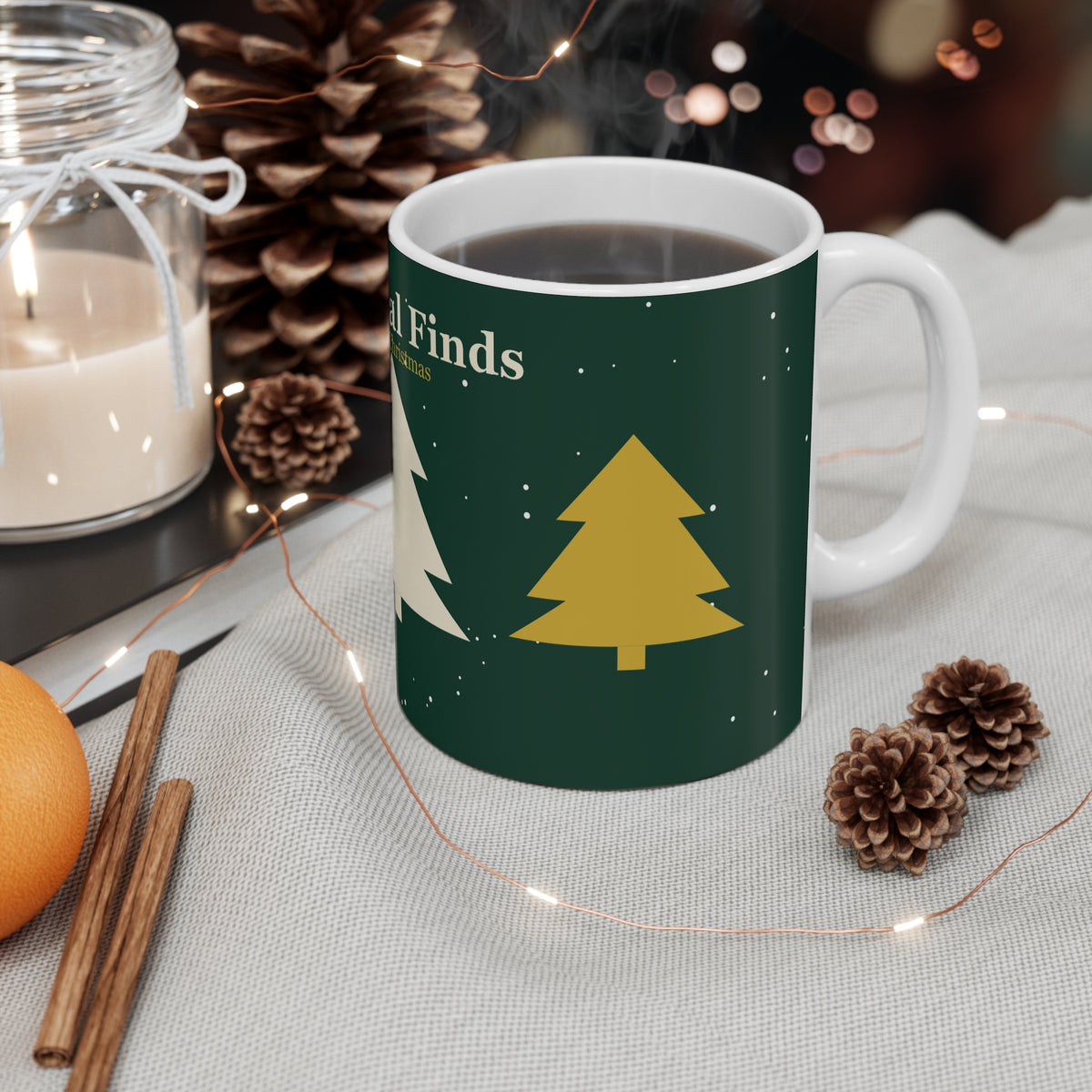 11oz white ceramic Christmas mug with original geometric tree design and Seasonal Finds lettering