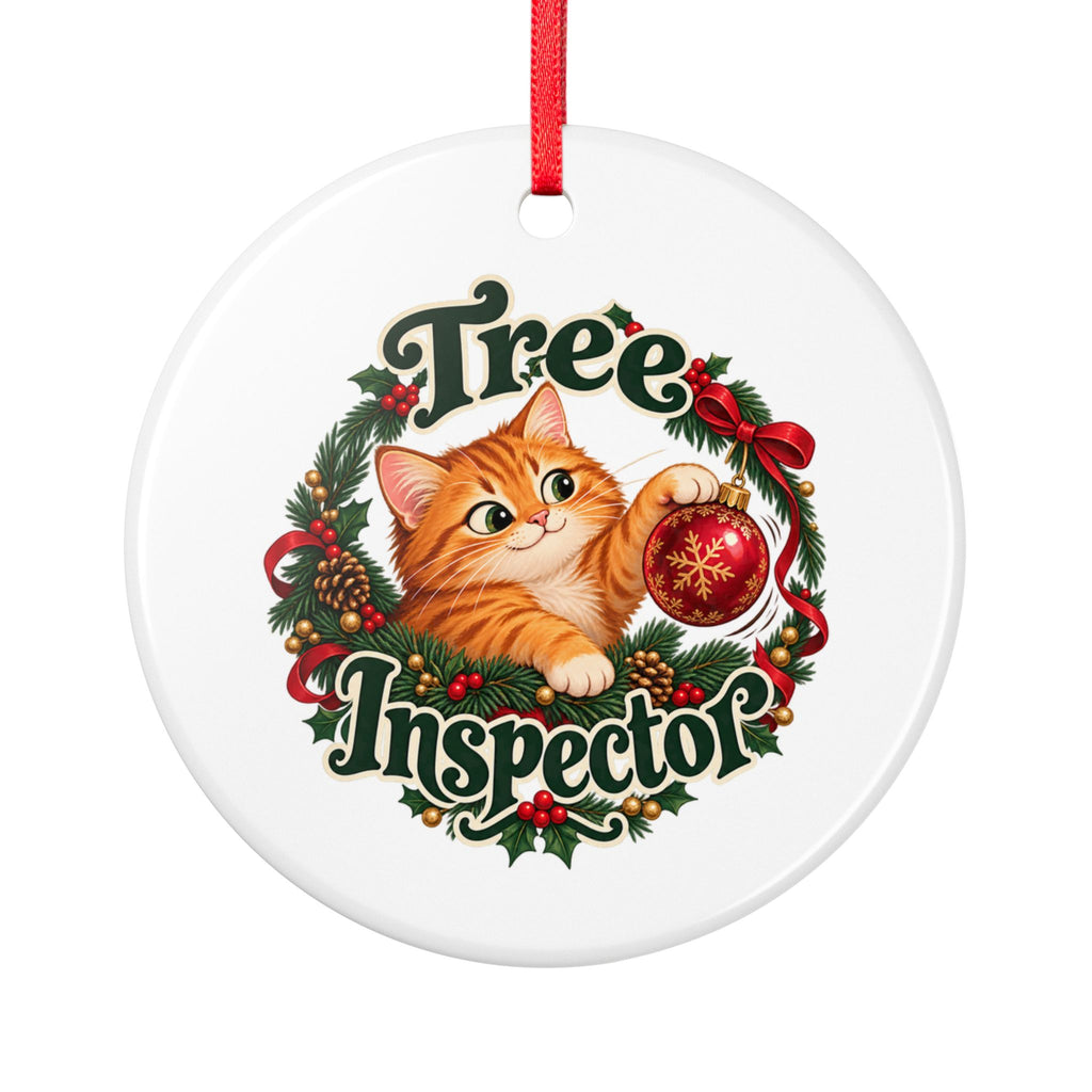 Tree Inspector Cat Ceramic Christmas Ornament — front product mockup