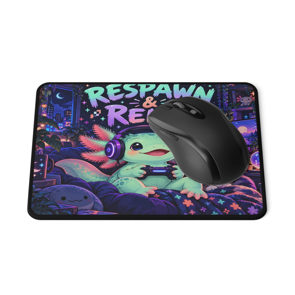 Respawn and Relax axolotl mouse mat shown in a desk setting