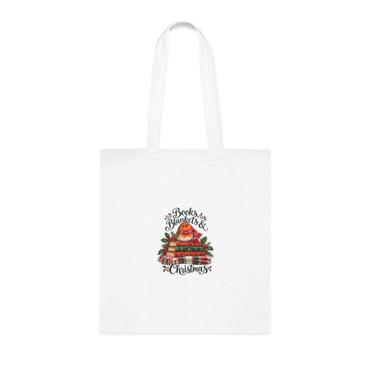 Books Blankets and Christmas Cotton Tote Bag — front product mockup