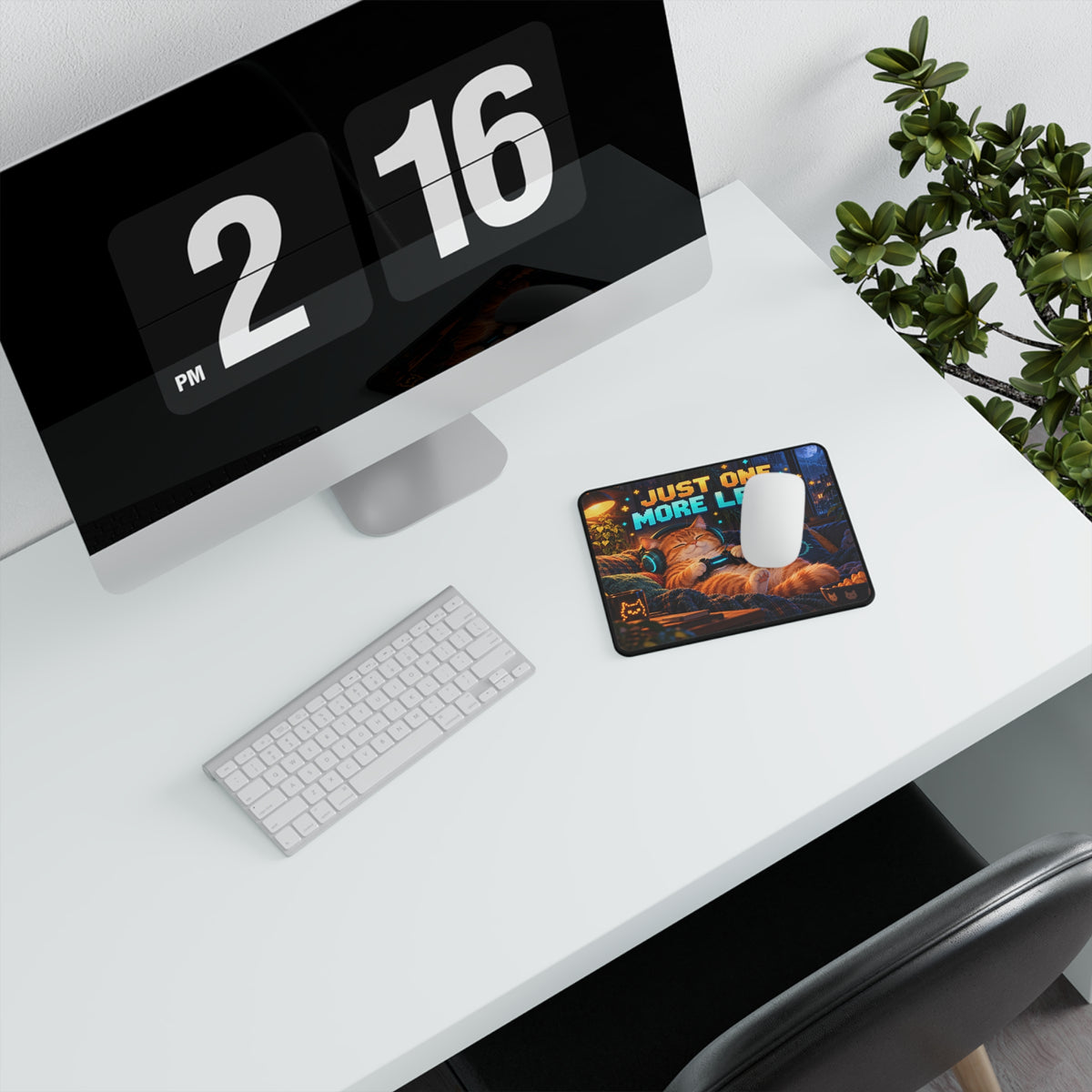 Just One More Level cat gaming mouse mat shown in a desk setting
