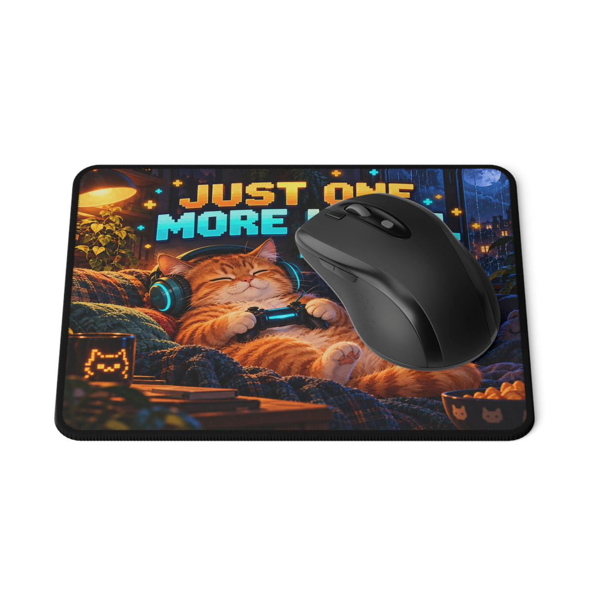 Just One More Level cat gaming mouse mat shown in a desk setting