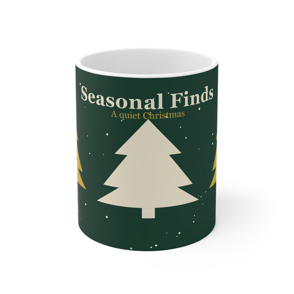 11oz white ceramic Christmas mug with original geometric tree design and Seasonal Finds lettering