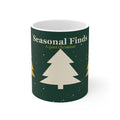 11oz white ceramic Christmas mug with original geometric tree design and Seasonal Finds lettering