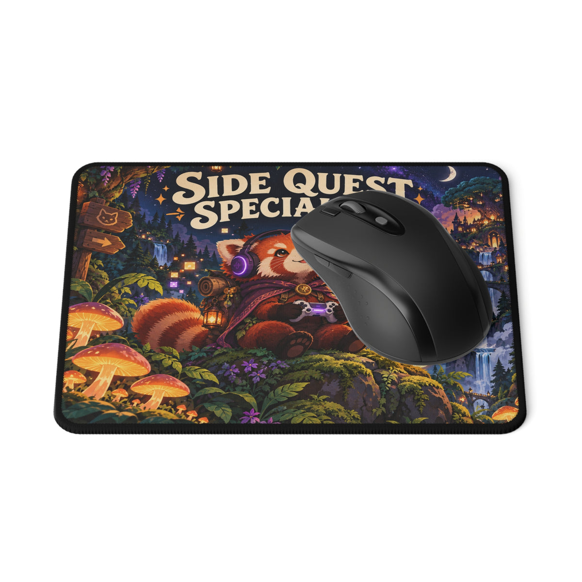 Side Quest Specialist red panda gaming mouse mat shown in a desk setting