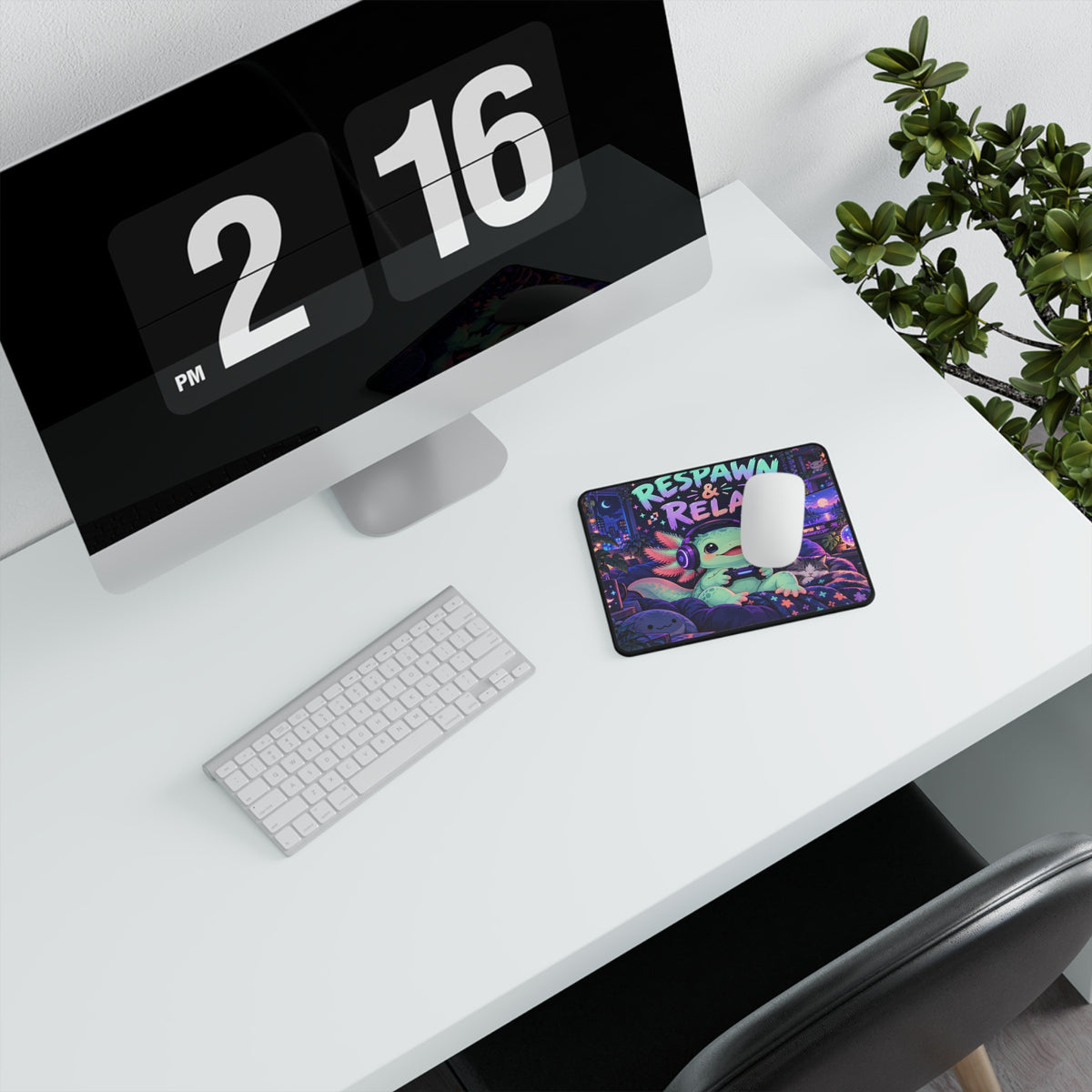 Respawn and Relax axolotl mouse mat shown in a desk setting