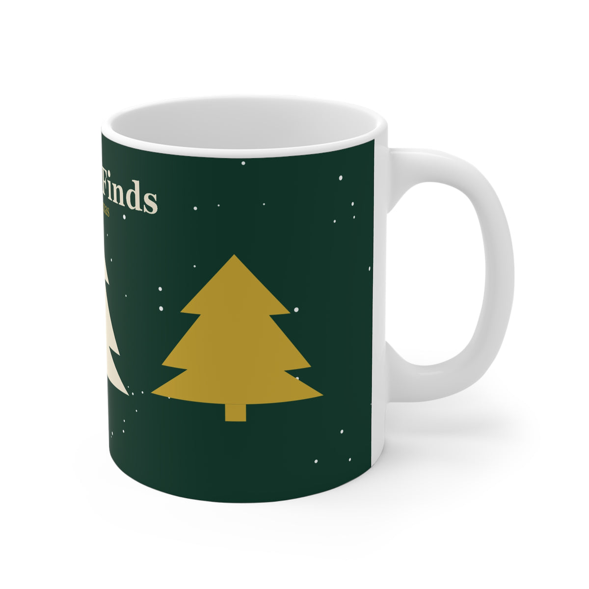 11oz white ceramic Christmas mug with original geometric tree design and Seasonal Finds lettering