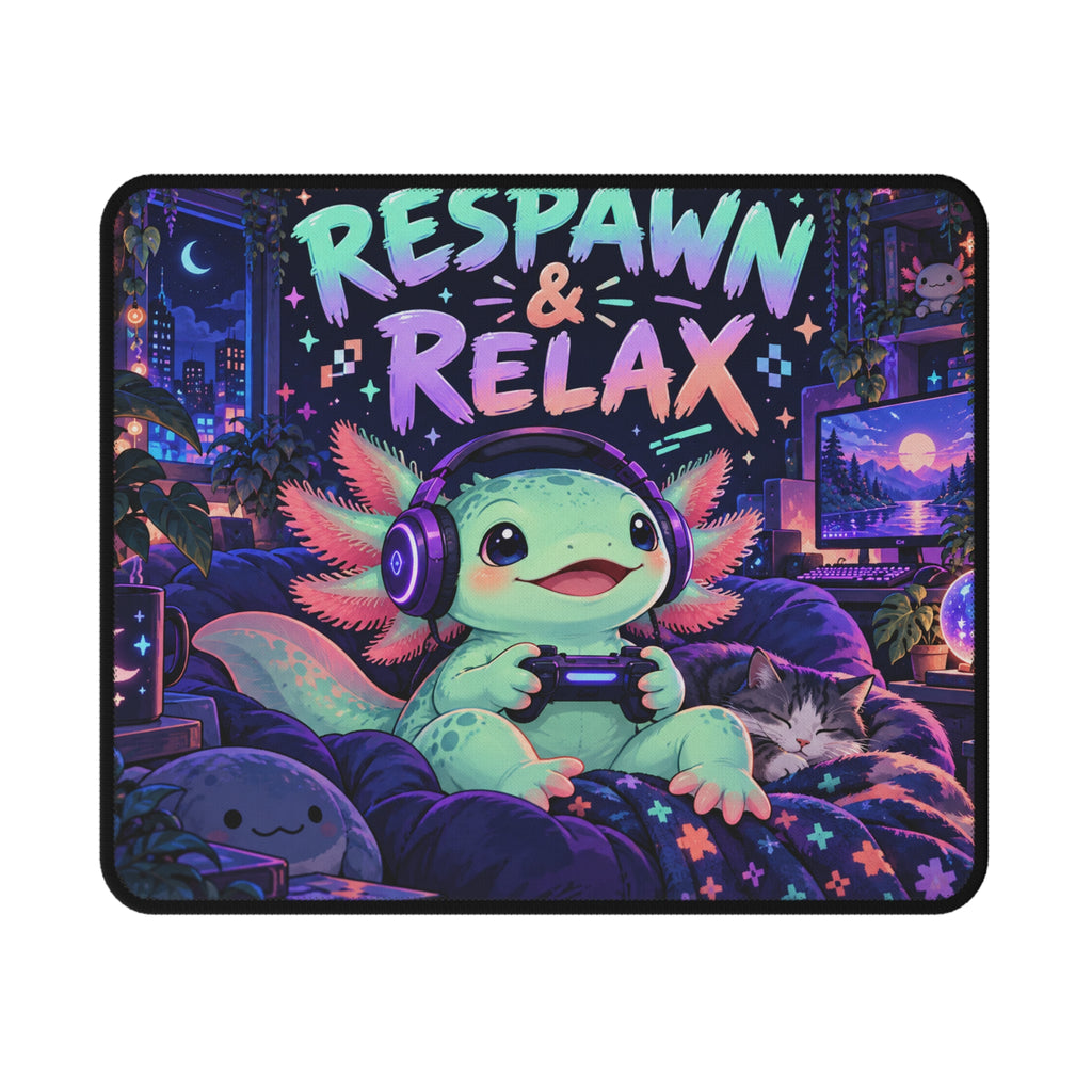 Respawn and Relax axolotl gaming mouse mat, with colourful original illustration