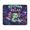 Respawn and Relax axolotl gaming mouse mat, with colourful original illustration