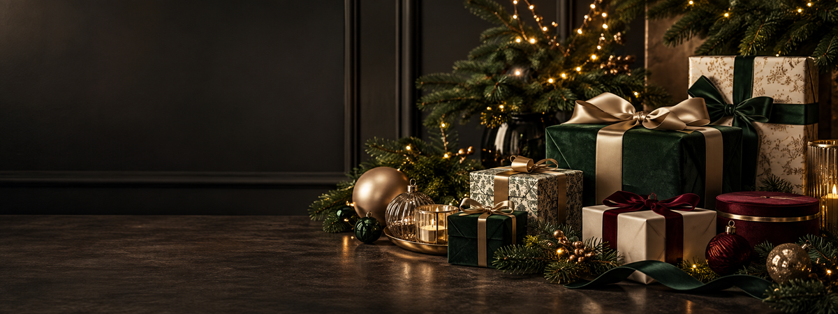 Premium Christmas gift display with evergreen and warm lights