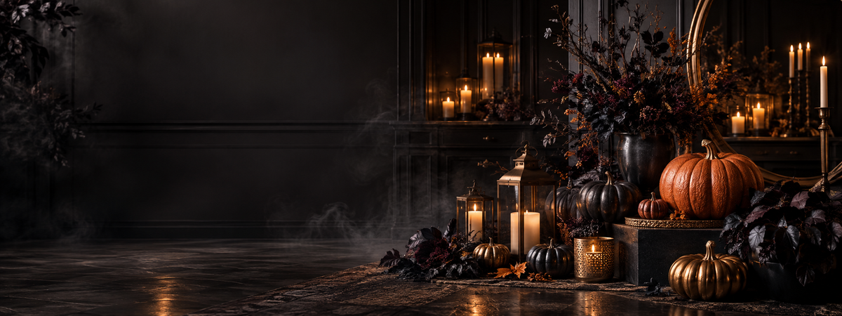 Premium Halloween display with pumpkins and warm lights