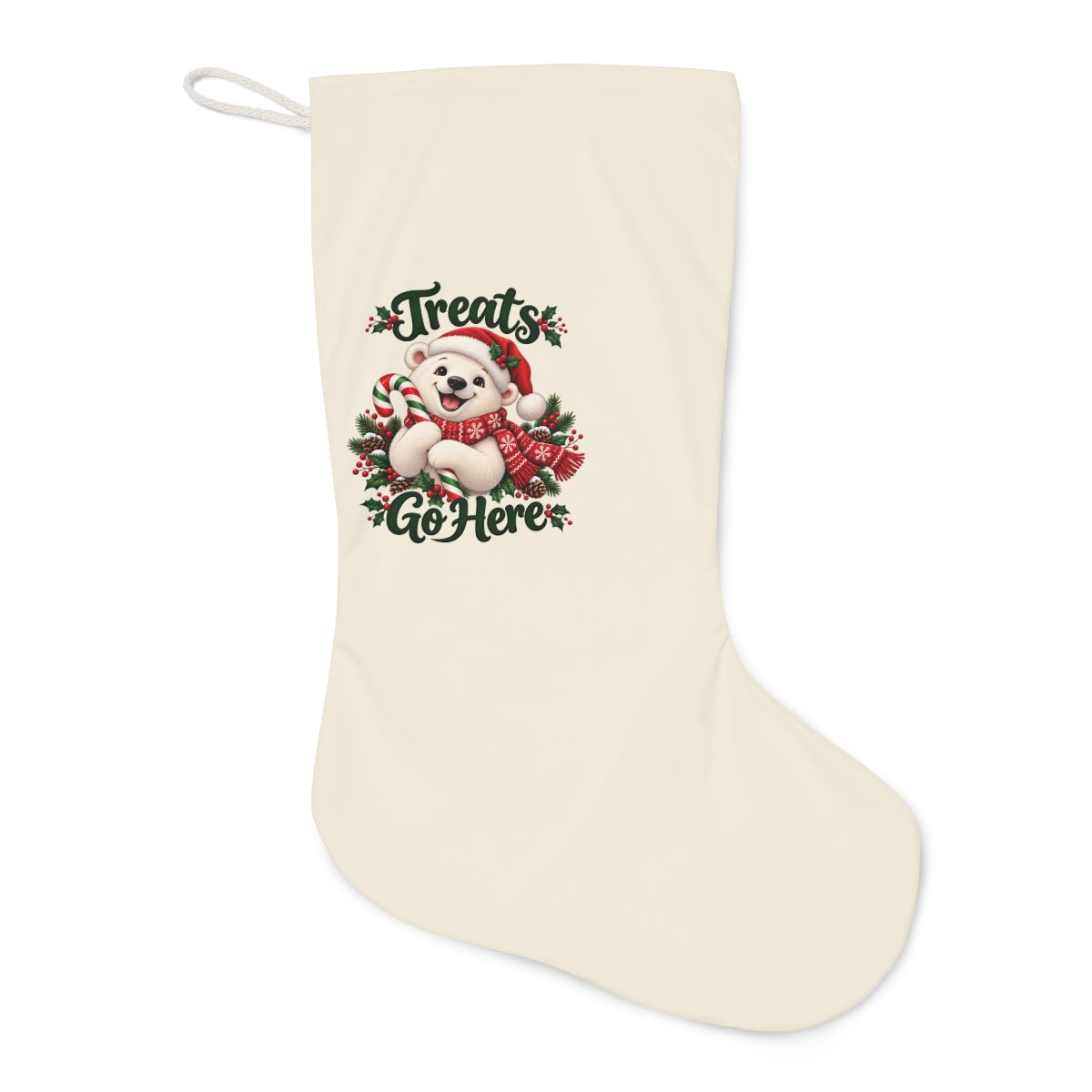 Treats Go Here Polar Bear Christmas Stocking — front product mockup